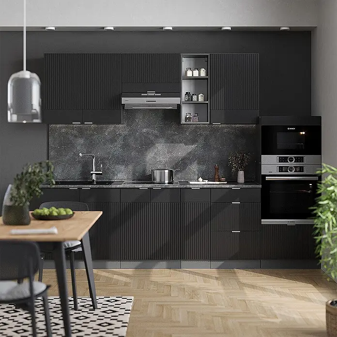 Vicco Küchenzeile Fame-Line Schwarz gestreift/Anthrazit, AP Anthrazit - Breite: 280 cm, Schwarz gestreift, Ohne Elektrogeräte - Dunkelgraue Küchenschränke mit vertikaler Rillenstruktur, integriertem Backofen und Mikrowelle sowie dunklem Marmor-Spritzschutz.