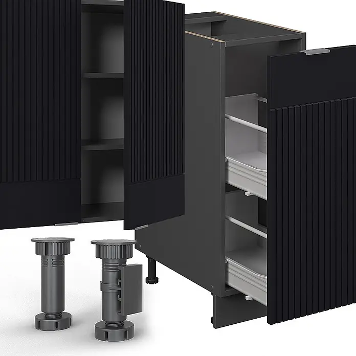 Vicco Küchenzeile Fame-Line Schwarz gestreift/Anthrazit, AP Anthrazit - Breite: 280 cm, Schwarz gestreift, Ohne Elektrogeräte - Modulare dunkelgraue Küchenschränke mit geriffelten schwarzen Türen, Auszügen und verstellbaren Füßen in Explosionsansicht.