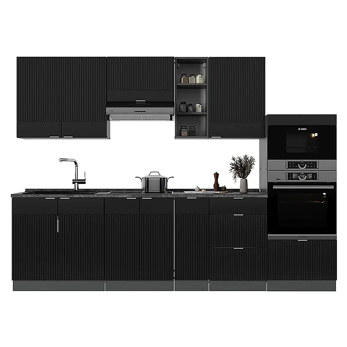 Vicco Küchenzeile Fame-Line Schwarz gestreift/Anthrazit, AP Anthrazit - Breite: 280 cm, Schwarz gestreift, Ohne Elektrogeräte - Schwarze Küchenschränke mit geriffelten Fronten, integriertem Ofen, Mikrowelle und Dunstabzugshaube, Spüle und Wasserhahn.
