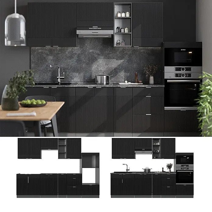 Vicco Küchenzeile Fame-Line Schwarz gestreift/Anthrazit, AP Anthrazit - Breite: 280 cm, Schwarz gestreift, Ohne Elektrogeräte - Schwarze Küchenschränke mit vertikal gerippten Türen, integriertem Kochfeld, Spüle, Dunstabzug und Einbau-Ofen/Mikrowelle.