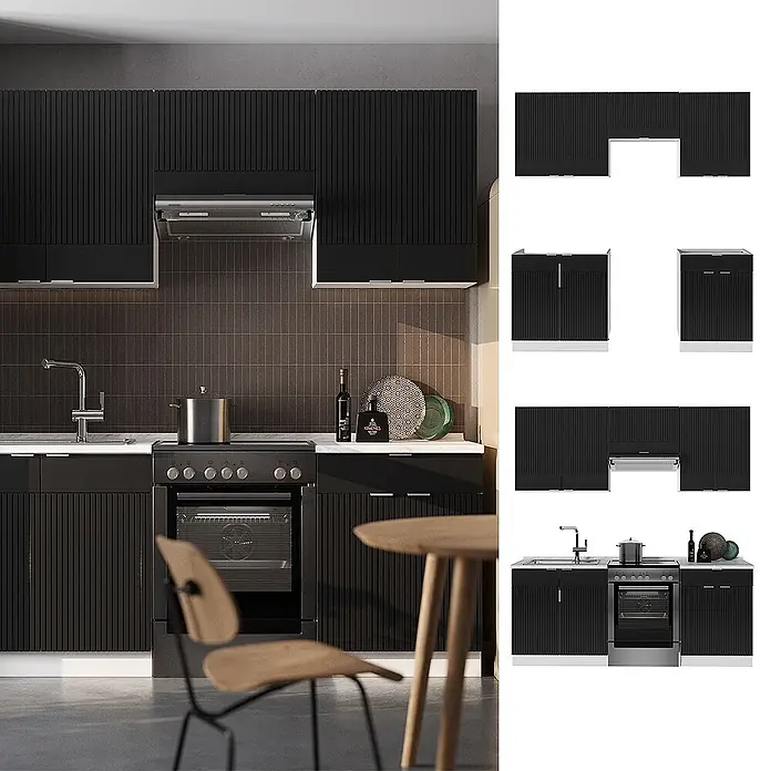 Vicco Küchenzeile Fame-Line Schwarz gestreift/Weiß, AP Marmor - Breite: 200 cm, Schwarz gestreift, Ohne Elektrogeräte - Schwarzes geripptes Küchenschrank-Set mit integriertem Backofen und Spüle in einer modernen Küche.