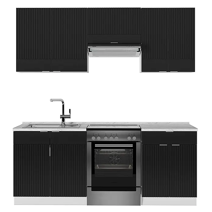 Vicco Küchenzeile Fame-Line Schwarz gestreift/Weiß, AP Marmor - Breite: 200 cm, Schwarz gestreift, Ohne Elektrogeräte - Schwarze Modulküche mit weißer Arbeitsplatte, Spüle, Armatur, Herd, Backofen und Dunstabzugshaube.