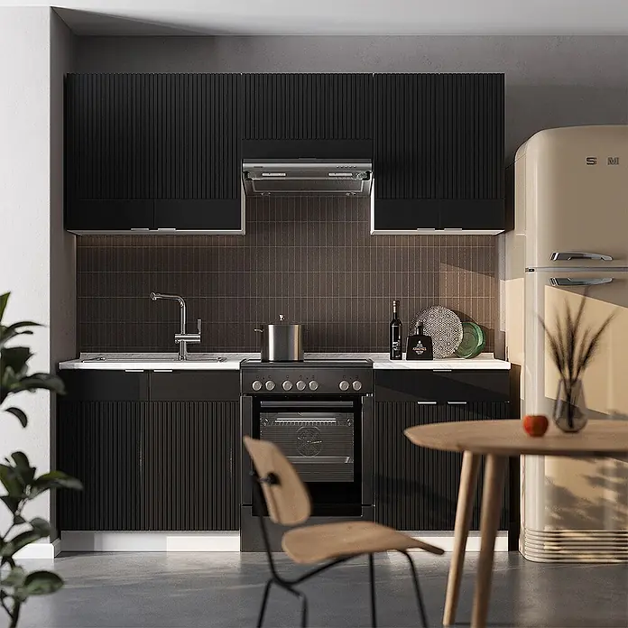Vicco Küchenzeile Fame-Line Schwarz gestreift/Weiß, AP Marmor - Breite: 200 cm, Schwarz gestreift, Ohne Elektrogeräte - Moderne schwarze Küchenschränke mit gerippter Textur, integriert mit Spüle und Herd in einer modernen Küche.