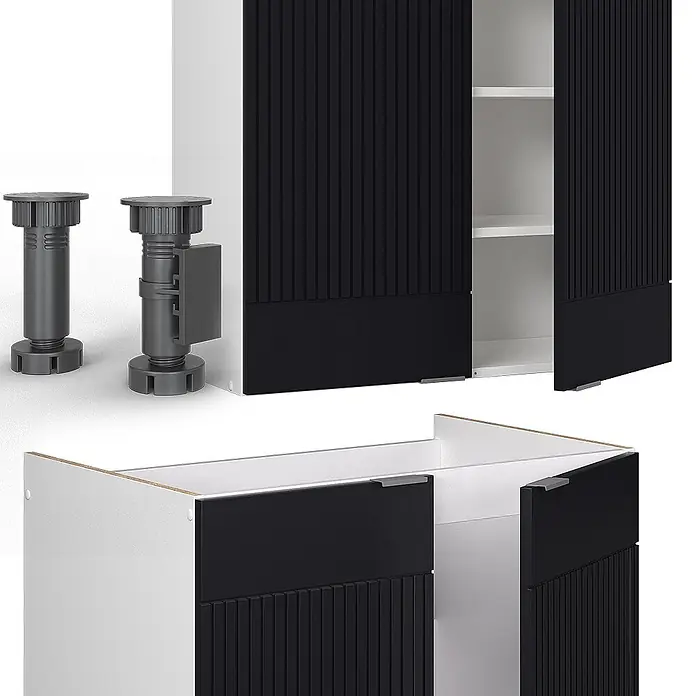 Vicco Küchenzeile Fame-Line Schwarz gestreift/Weiß, AP Marmor - Breite: 200 cm, Schwarz gestreift, Ohne Elektrogeräte - Schwarz-weiße modulare Schrankelemente mit geriffelten Türen und dunkelgrauen verstellbaren Füßen.