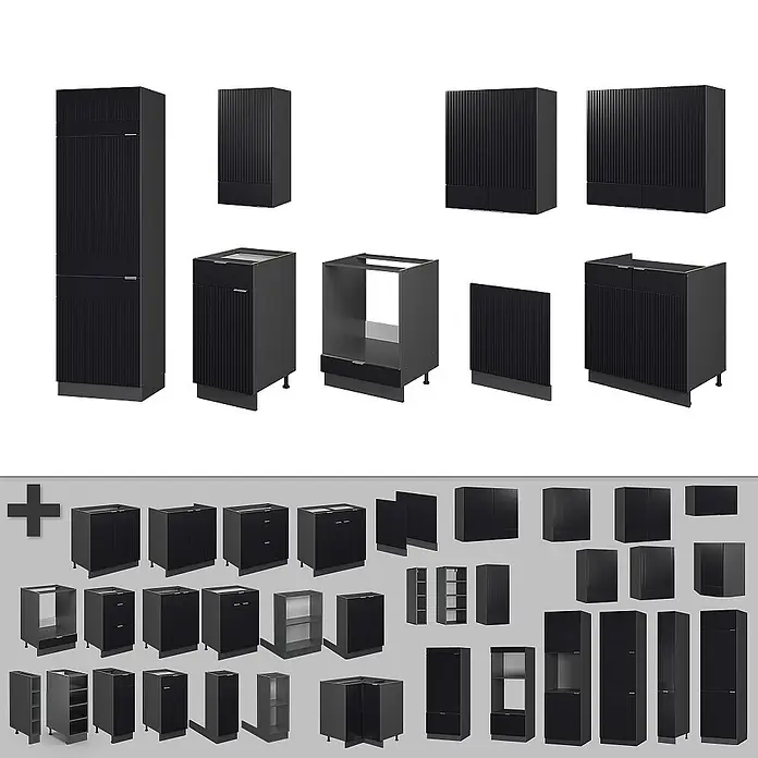 Vicco Küchenzeile Fame-Line Schwarz gestreift/Anthrazit, AP Anthrazit - Breite: 300 cm, Schwarz gestreift, Ohne Elektrogeräte - Set dunkler modularer Küchenschränke mit gerippten Fronten, darunter Hoch-, Unter- und Oberschränke sowie offene Rahmen.