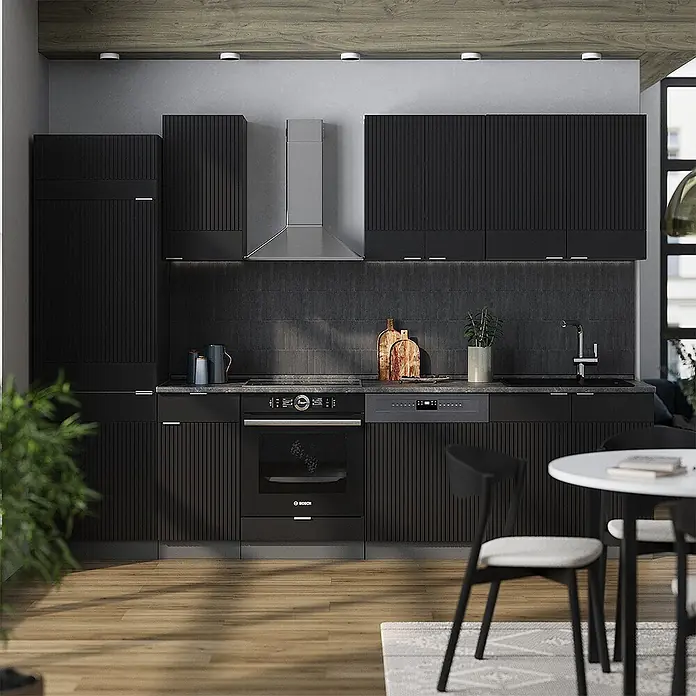 Vicco Küchenzeile Fame-Line Schwarz gestreift/Anthrazit, AP Anthrazit - Breite: 300 cm, Schwarz gestreift, Ohne Elektrogeräte - Moderne schwarze Küche mit gerippten Fronten, integriertem Backofen, Kochfeld, Spüle und Geschirrspüler.