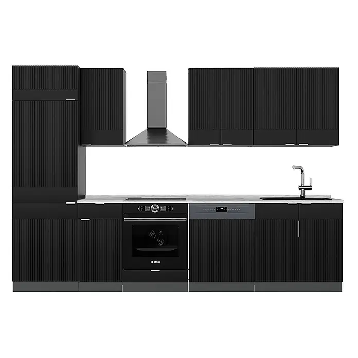 Vicco Küchenzeile Fame-Line Schwarz gestreift/Anthrazit, AP Marmor - Breite: 300 cm, Schwarz gestreift, Ohne Elektrogeräte - Moderne schwarze Küche mit gerillten Schränken, weißer Arbeitsplatte, integriertem Ofen, Kochfeld, Spülmaschine, Dunstabzugshaube und Spüle.