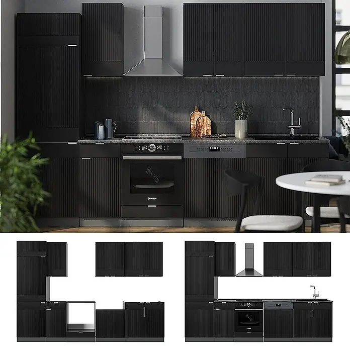 Vicco Küchenzeile Fame-Line Schwarz gestreift/Anthrazit, AP Anthrazit - Breite: 300 cm, Schwarz gestreift, Ohne Elektrogeräte - Moderne schwarze Küche mit gerippten Schrankfronten und integrierten Geräten.