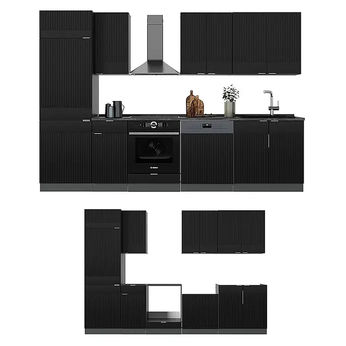 Vicco Küchenzeile Fame-Line Schwarz gestreift/Anthrazit, AP Anthrazit - Breite: 300 cm, Schwarz gestreift, Ohne Elektrogeräte - Moderne schwarze Küchenschränke mit geriffelten Fronten, inklusive Ofen, Spülmaschine, Spüle und viel Stauraum.