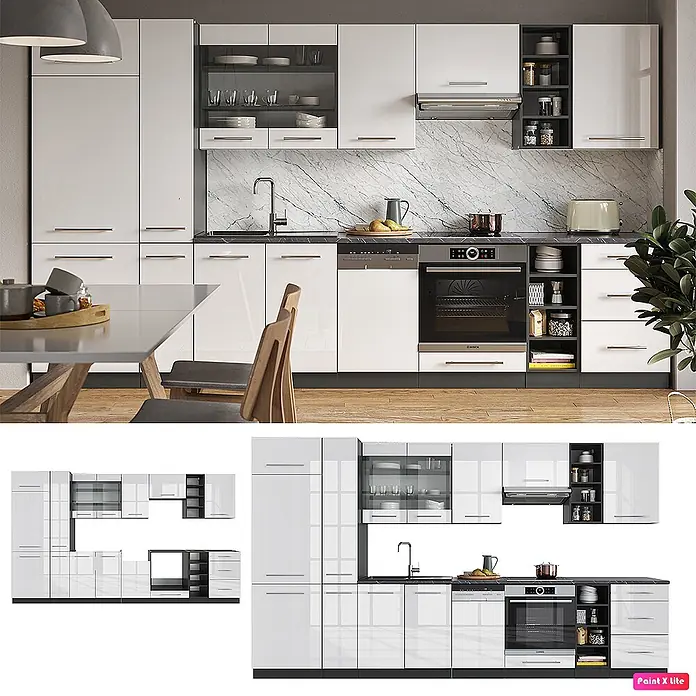 Vicco Küchenzeile Fame-Line Weiß Hochglanz/Anthrazit, AP Eiche - Breite: 355 cm, Weiß Hochglanz, Ohne Elektrogeräte - Moderne Küche mit weißen Hochglanzschränken, dunklen Arbeitsplatten und integrierten Geräten, funktionales Design.