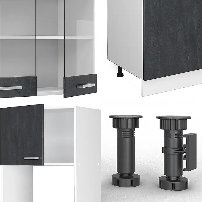 Vicco Küchenzeile R-Line Schwarz Beton/Weiß AP Eiche - Breite: 300 cm, Schwarz Beton, Ohne Elektrogeräte - Modulare Küchenschrankkomponenten in Weiß und Dunkelgrau, mit Türen, Paneelen und verstellbaren schwarzen Kunststofffüßen.