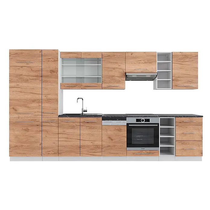 Vicco Küchenzeile Fame-Line Goldkraft Eiche/Weiß, AP Anthrazit - Breite: 355 cm, Goldkraft Eiche, Ohne Elektrogeräte - Moderne Küchenzeile mit Holzdekor-Schränken, dunklen Arbeitsplatten und integrierten Geräten.