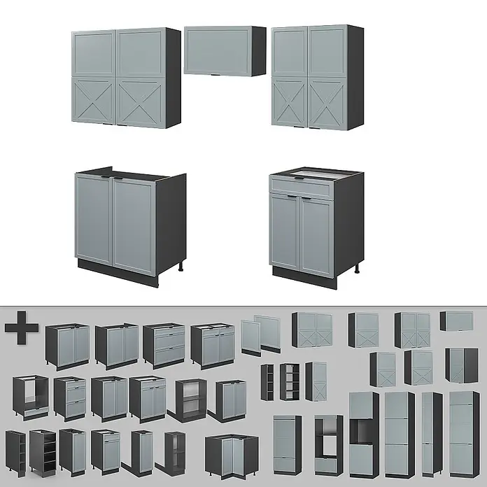 Vicco Küchenzeile Fame-Line Hellblau-grau/Anthrazit, AP Anthrazit - Breite: 200 cm, Hellblau-grau, Ohne Elektrogeräte - Satz modularer grauer Küchenschränke in verschiedenen Stilen und Größen für die Küchenausstattung.