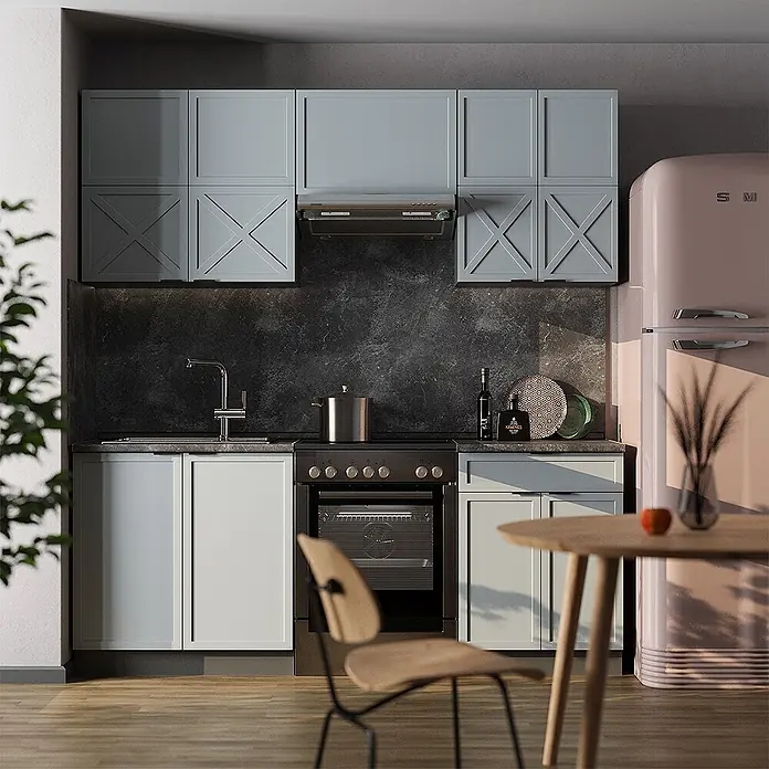Vicco Küchenzeile Fame-Line Hellblau-grau/Anthrazit, AP Anthrazit - Breite: 200 cm, Hellblau-grau, Ohne Elektrogeräte - Moderne Küche mit hellblauen und hellgrauen Schränken mit Paneeldetails, dunkler Arbeitsplatte, integriertem Herd und rosa Retro-Kühlschrank.