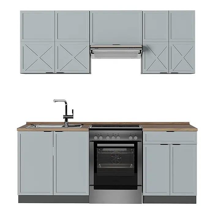 Vicco Küchenzeile Fame-Line Hellblau-grau/Anthrazit, AP Eiche - Breite: 200 cm, Hellblau-grau, Ohne Elektrogeräte - Hellblaue Küchenschränke mit Holzplatte, integrierter Spüle, silberner Armatur, Backofen/Herd und Dunstabzugshaube. Einige Oberschränke haben X-Muster.