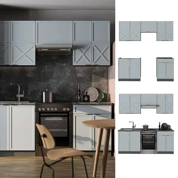 Vicco Küchenzeile Fame-Line Hellblau-grau/Anthrazit, AP Anthrazit - Breite: 200 cm, Hellblau-grau, Ohne Elektrogeräte - Hellblau-graues modulares Küchenschranksystem mit X-Verzierung, Ober- und Unterschränken, Spüle und Herd.