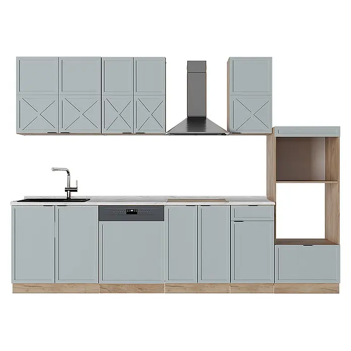 Vicco Küchenzeile Fame-Line Hellblau-grau mit Hochschrank, ohne Arbeitsplatte - Breite: 300 cm, Hellblau-grau, Ohne Elektrogeräte - Modulare Küche in Hellblau-Grau mit Holzdetails, Spüle, Geschirrspüler, Kochfeld und offenen Regalen.