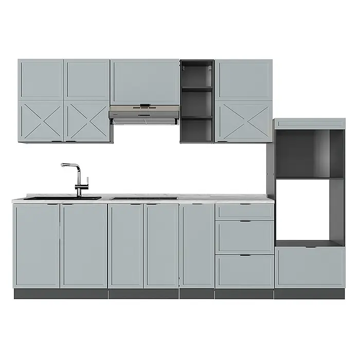 Vicco Küchenzeile Fame-Line Hellblau-grau/Anthrazit, AP Marmor - Breite: 280 cm, Hellblau-grau, Ohne Elektrogeräte - Hellblaues Küchenschränke-Set mit weißer Arbeitsplatte, Spüle, Kochfeld, Dunstabzugshaube, Ober-/Unterschränken und hohem Geräteschrank.