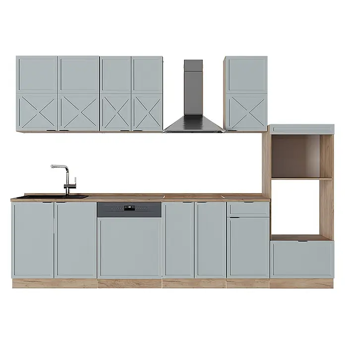 Vicco Küchenzeile Fame-Line Hellblau-grau/Goldkraft Eiche mit Hochschrank, AP Eiche - Breite: 300 cm, Hellblau-grau, Ohne Elektrogeräte - Hellblaue Küchenschrankzeile mit Holz-Arbeitsplatten und -Sockeln, Spüle, Geschirrspüler, Dunstabzug und Kreuzmuster-Türen.