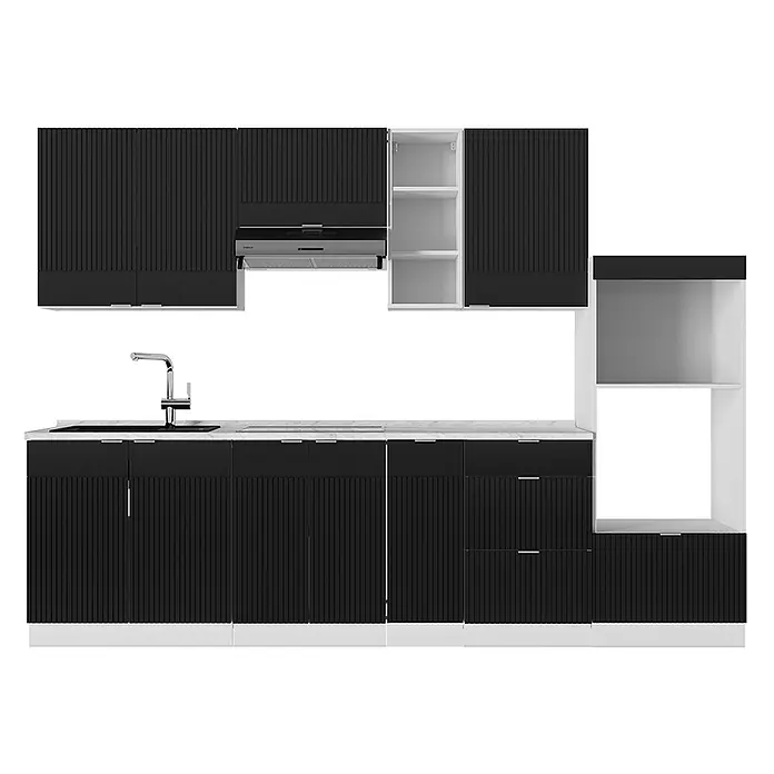 Vicco Küchenzeile Fame-Line Schwarz gestreift/Weiß, AP Marmor - Breite: 280 cm, Schwarz gestreift, Ohne Elektrogeräte - Schwarz-weiße Küchenzeile mit geriffelten Fronten, integrierter Spüle und Dunstabzugshaube.
