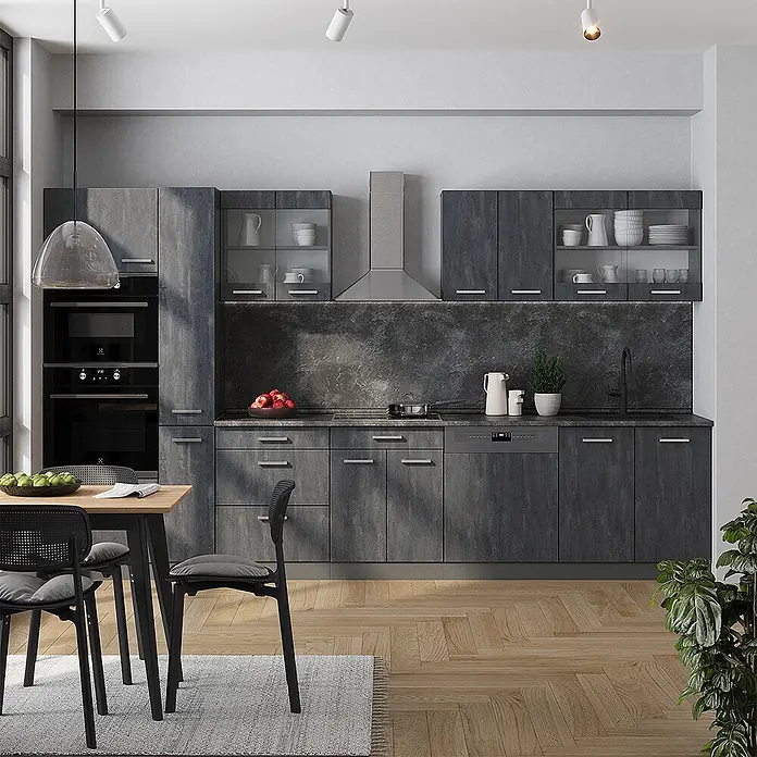 Vicco Küchenzeile R-Line Schwarz Beton/Anthrazit, AP Eiche - Breite: 350 cm, Schwarz Beton, Ohne Elektrogeräte - Moderne Küche mit dunkelgrauen strukturierten Schränken, integrierten Geräten und passender Arbeitsplatte, in einem modernen Zuhause.