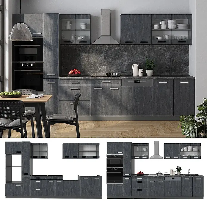 Vicco Küchenzeile R-Line Schwarz Beton/Anthrazit, AP Eiche - Breite: 350 cm, Schwarz Beton, Ohne Elektrogeräte - Dunkelgraue Betonoptik-Modulküche mit Unter-, Ober- und Hochschränken sowie integrierten Geräten.