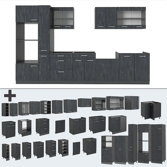 Vicco Küchenzeile R-Line Schwarz Beton/Anthrazit, AP Eiche - Breite: 350 cm, Schwarz Beton, Ohne Elektrogeräte - Dunkelgraues strukturiertes modulares Küchenschranksystem mit verschiedenen Unter- und Oberschränken.