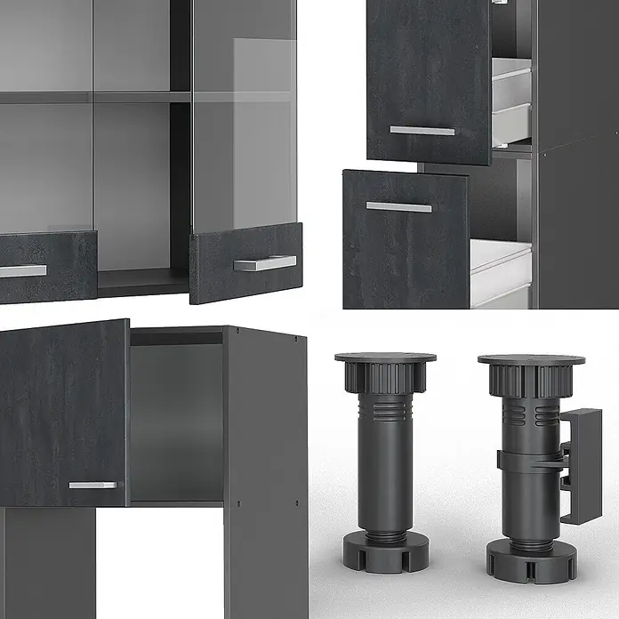 Vicco Küchenzeile R-Line Schwarz Beton/Anthrazit, AP Eiche - Breite: 350 cm, Schwarz Beton, Ohne Elektrogeräte - Dunkelgraue Modulmöbel mit Glas-/Massivtüren, Innenschubladen und schwarzen verstellbaren Füßen.