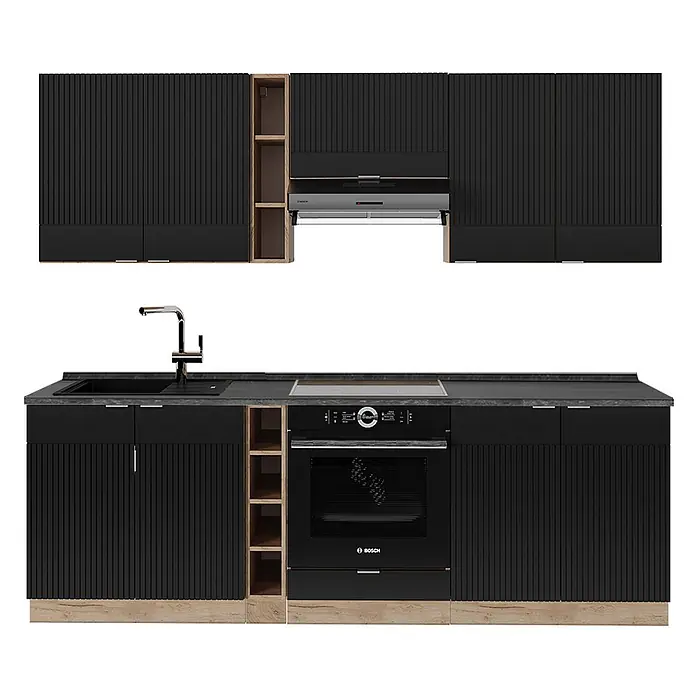 Vicco Küchenzeile Fame-Line Schwarz gestreift/Goldkraft Eiche, AP Anthrazit - Breite: 235 cm, Schwarz gestreift, Ohne Elektrogeräte - Moderne schwarze Küchenzeile mit gerippten Schränken, Holzoptik-Akzenten, Spüle, Backofen und Kochfeld.