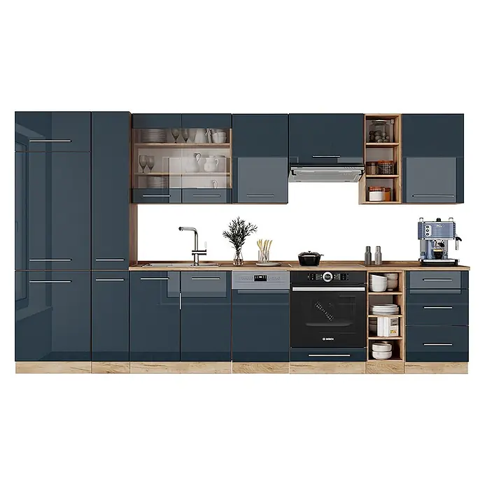 Vicco Küchenzeile Fame-Line Dunkelblau Hochglanz/Goldkraft Eiche ohne Arbeitsplatte - Dunkelblau Hochglanz, Ohne Elektrogeräte - Moderne Modulküche mit glänzend dunkelblauen Schränken, hellen Holzdetails, integrierten Geräten und Spüle.