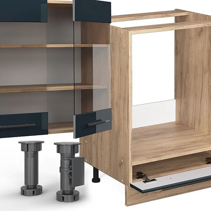Vicco Küchenzeile Fame-Line Dunkelblau Hochglanz/Goldkraft Eiche ohne Arbeitsplatte - Dunkelblau Hochglanz, Ohne Elektrogeräte - Modulares Küchenmöbel in Eichenholzoptik, mit dunkelblauen und Glastüren sowie separaten verstellbaren Füßen.