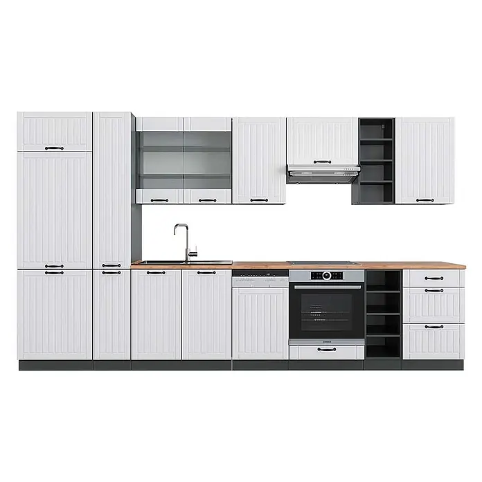 Vicco Küchenzeile Fame-Line Weiß Landhaus/Anthrazit, AP Eiche - Breite: 355 cm, Weiß Landhaus, Ohne Elektrogeräte - Weißes Lamellen-Küchenschrank-Set mit dunklen Griffen, Holzplatte, Spüle, Backofen und integrierten Geräten.