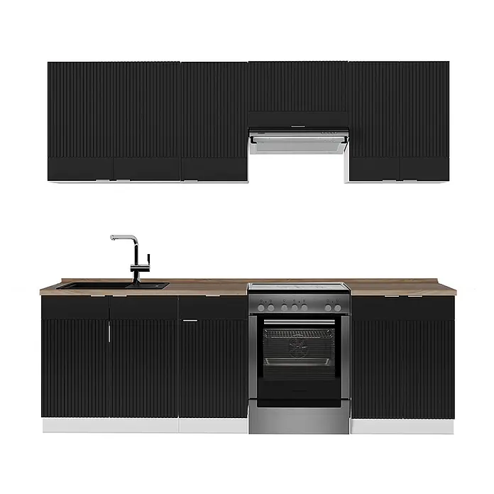 Vicco Küchenzeile Fame-Line Schwarz gestreift/Weiß, AP Eiche - Breite: 240 cm, Schwarz gestreift, Ohne Elektrogeräte - Schwarze Küchenschränke mit vertikal strukturierten Türen und Holz-Arbeitsplatte, inkl. Spüle, Armatur, Herd und Dunstabzugshaube.