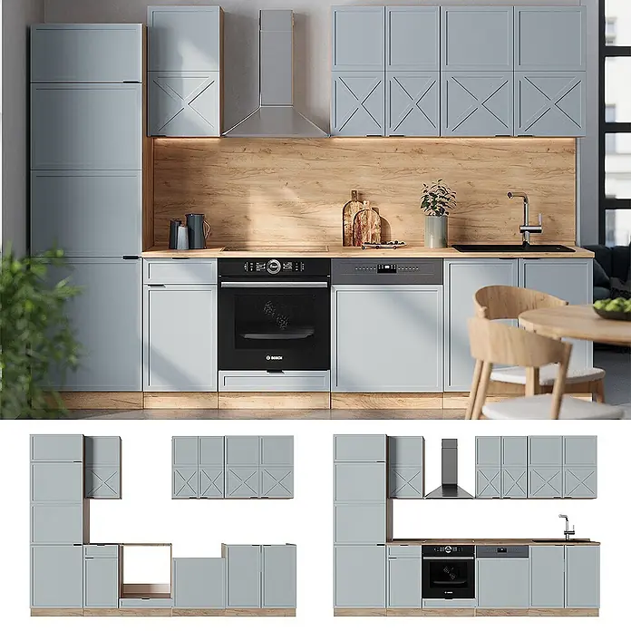Vicco Küchenzeile Fame-Line Hellblau-grau/Goldkraft Eiche ohne Arbeitsplatte - Breite: 300 cm, Hellblau-grau, Ohne Elektrogeräte - Helleblaue Küche mit Holzakzenten, integriertem Backofen, Geschirrspüler, Spüle und Dunstabzugshaube.