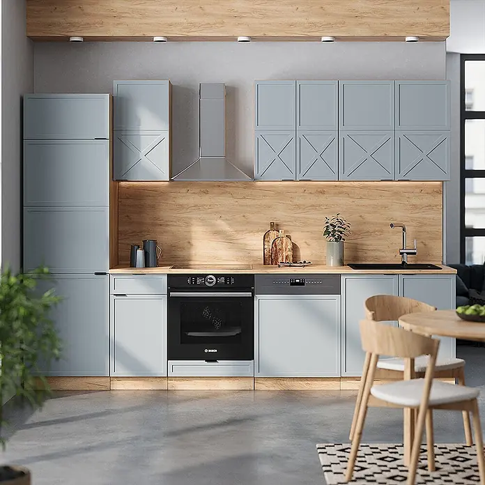 Vicco Küchenzeile Fame-Line Hellblau-grau/Goldkraft Eiche ohne Arbeitsplatte - Breite: 300 cm, Hellblau-grau, Ohne Elektrogeräte - Moderne hellblau-graue Küche mit Arbeitsplatte und Spritzschutz in Holzoptik sowie integriertem schwarzem Backofen und grauem Geschirrspüler.