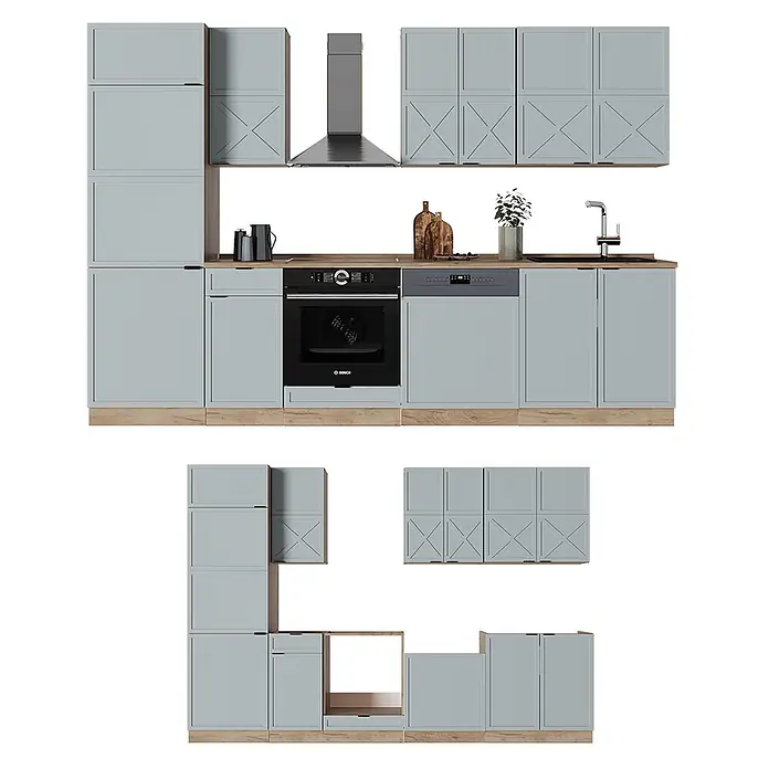Vicco Küchenzeile Fame-Line Hellblau-grau/Goldkraft Eiche ohne Arbeitsplatte - Breite: 300 cm, Hellblau-grau, Ohne Elektrogeräte - Hellblaue Küchenschränke mit Holzdetails, integriertem Backofen, Geschirrspüler, Spüle und Dunstabzugshaube. Montiert und als Einzelteile gezeigt.