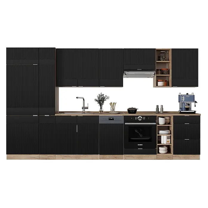 Vicco Küchenzeile Fame-Line Schwarz gestreift/Goldkraft Eiche, AP Marmor - Breite: 355 cm, Schwarz gestreift, Ohne Elektrogeräte - Schwarze Küchenzeile mit geriffelten Fronten, Holz-Arbeitsplatte und integrierten Geräten.