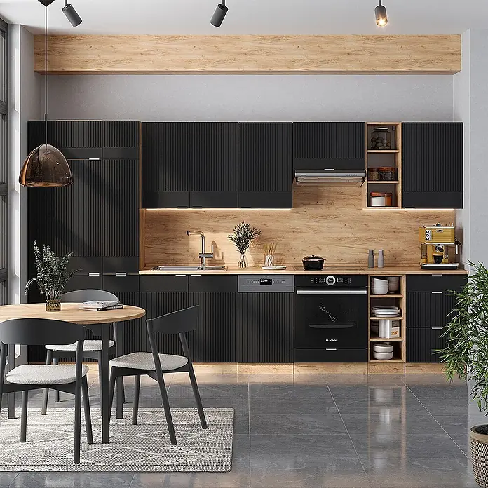 Vicco Küchenzeile Fame-Line Schwarz gestreift/Goldkraft Eiche, AP Marmor - Breite: 355 cm, Schwarz gestreift, Ohne Elektrogeräte - Moderne Küche mit schwarzen geriffelten Schränken und hellen Holz-Akzenten, inklusive integrierter Geräte und Essbereich.
