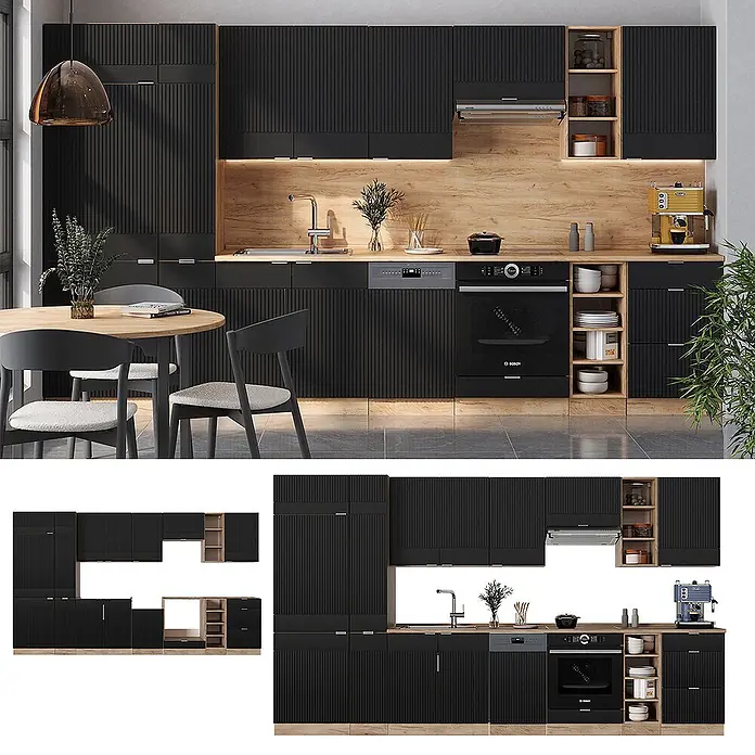 Vicco Küchenzeile Fame-Line Schwarz gestreift/Goldkraft Eiche, AP Marmor - Breite: 355 cm, Schwarz gestreift, Ohne Elektrogeräte - Eine moderne Küche mit schwarzen geriffelten Schränken, Holzarbeitsplatten und -rückwand, ausgestattet mit Geräten und einem Esstisch mit Stühlen.