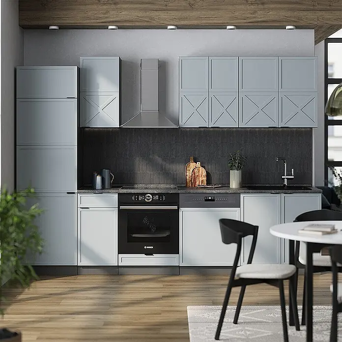 Vicco Küchenzeile Fame-Line Hellblau-grau/Anthrazit, AP Anthrazit - Breite: 300 cm, Hellblau-grau, Ohne Elektrogeräte - Moderne Küche mit hellgrauen Schränken, schwarzem Backofen, schwarzer Spüle und grauem Geschirrspüler.