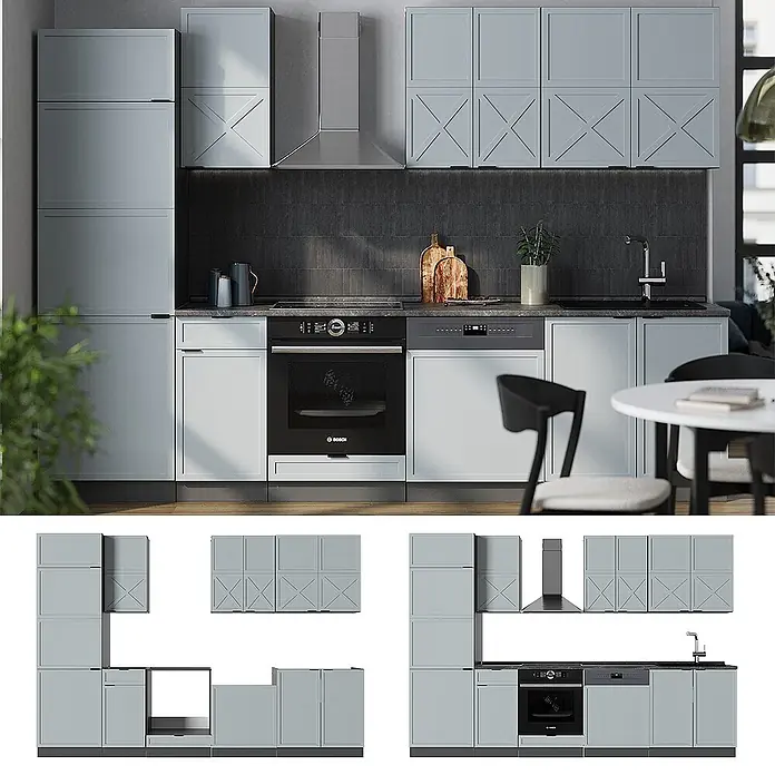 Vicco Küchenzeile Fame-Line Hellblau-grau/Anthrazit, AP Anthrazit - Breite: 300 cm, Hellblau-grau, Ohne Elektrogeräte - Moderne hellgraue Küche mit integriertem Backofen, Geschirrspüler und Dunstabzugshaube. Verschiedene Schranktypen.