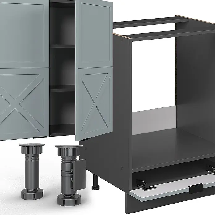 Vicco Küchenzeile Fame-Line Hellblau-grau/Anthrazit, AP Anthrazit - Breite: 300 cm, Hellblau-grau, Ohne Elektrogeräte - Modulare Küchenschrankteile: grauer Schrank mit X-Türen, anthrazitfarbener Korpus und verstellbare Füße zur Montage.