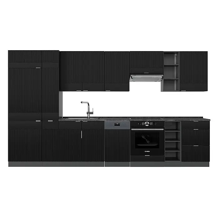Vicco Küchenzeile Fame-Line Schwarz gestreift/Anthrazit, AP Anthrazit - Breite: 355 cm, Schwarz gestreift, Ohne Elektrogeräte - Moderne schwarze Küche mit gerippten Fronten, dunkler Arbeitsplatte, Spüle, Backofen, Geschirrspüler und Dunstabzugshaube.