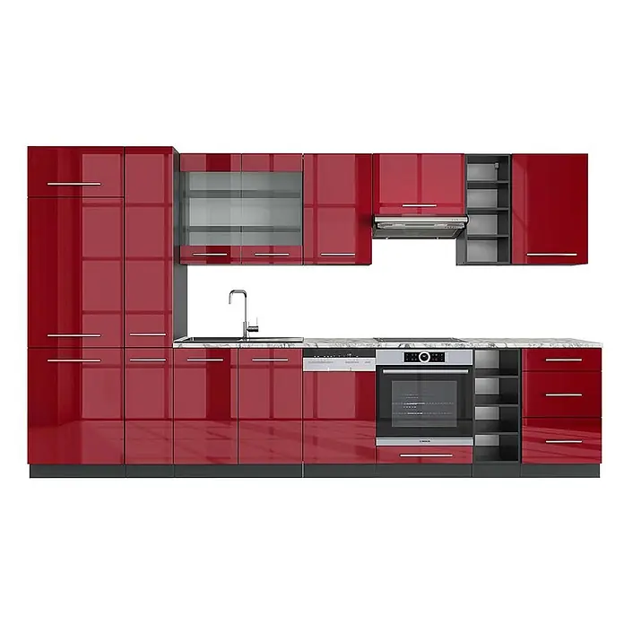 Vicco Küchenzeile Fame-Line Bordeaux Hochglanz/Anthrazit, AP Marmor - Breite: 355 cm, Bordeaux Hochglanz, Ohne Elektrogeräte - Hochglänzende rote Modulküche mit integriertem Backofen, Geschirrspüler, Spüle und Ablagefächern.