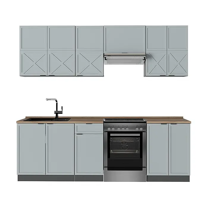 Vicco Küchenzeile Fame-Line Hellblau-grau/Anthrazit, AP Eiche - Breite: 240 cm, Hellblau-grau, Ohne Elektrogeräte - Komplettes hellblaues Küchenset mit Holztheke, integrierter Spüle, Backofen und Dunstabzugshaube.