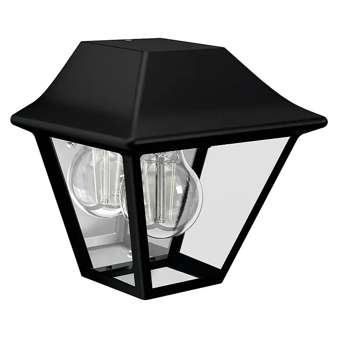 Philips Alpenglow Aplique exterior - 42 W, 13 x 18,1 x 17 cm, Negro, IP44 - Primer plano de una elegante lámpara de pared exterior negra con paneles de vidrio transparente y dos bombillas.