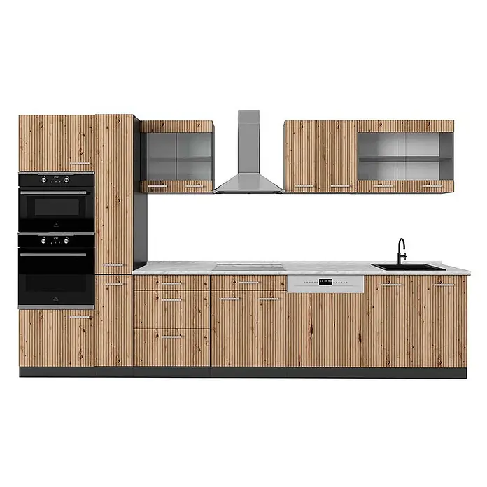 Vicco Küchenzeile R-Line Artisan Eiche/Anthrazit mit Hochschrank, AP Marmor - Breite: 350 cm, Artisan-Eiche, Ohne Elektrogeräte - Moderne Küchenzeile mit hellen Holzlamellenschränken, weißer Marmorarbeitsplatte, schwarzen und silbernen Geräten, silbernen Griffen.