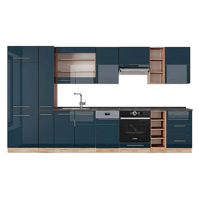 Vicco Küchenzeile Fame-Line Dunkelblau Hochglanz/Goldkraft Eiche, AP Anthrazit - Breite: 355 cm, Dunkelblau Hochglanz, Ohne Elektrogeräte - Moderne Modulküche mit glänzend dunkelblauen Schränken, hellen Holzakzenten, integrierten Geräten, Spüle und offenen Regalen.