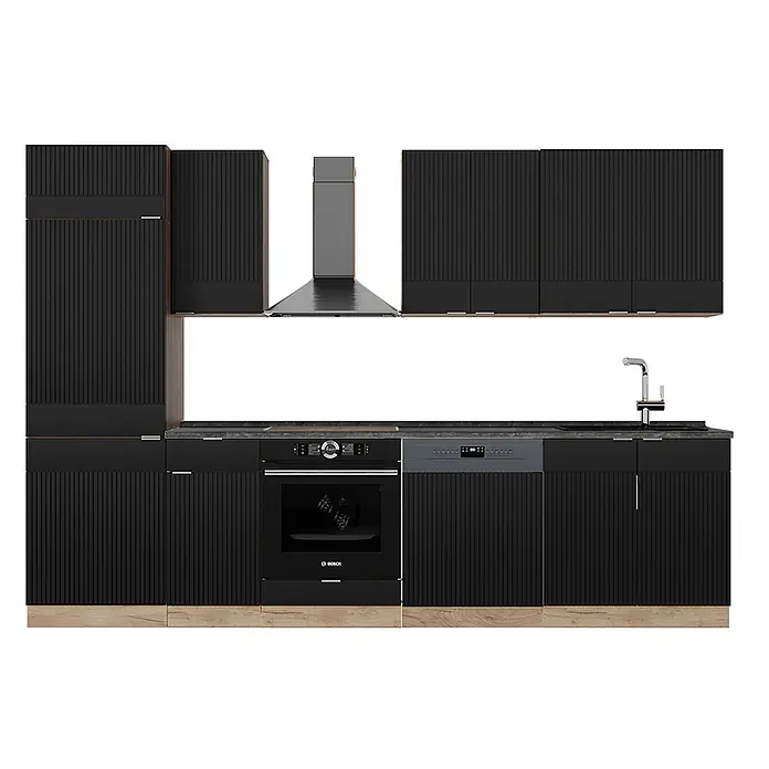 Vicco Küchenzeile Fame-Line Schwarz gestreift/Goldkraft Eiche, AP Anthrazit - Breite: 300 cm, Schwarz gestreift, Ohne Elektrogeräte - Moderne schwarze Küche mit geriffelten Schränken, Holzdetails und integrierten Geräten.