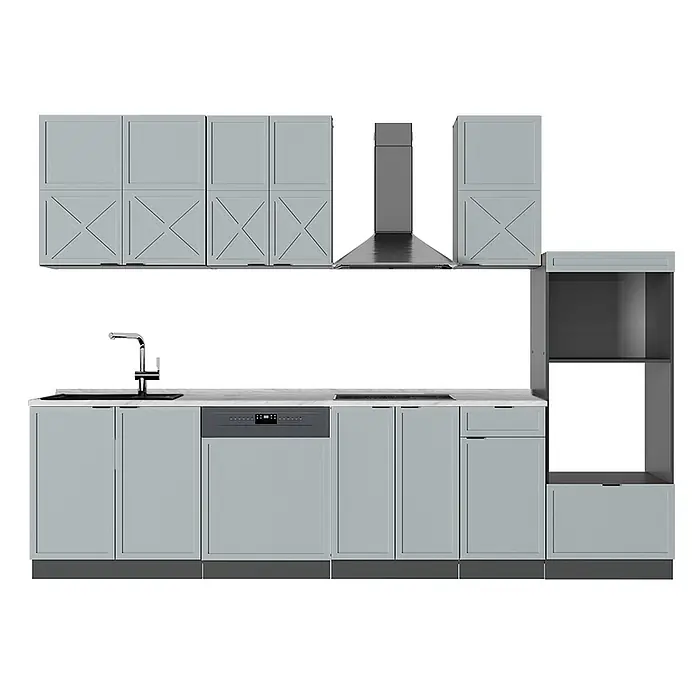 Vicco Küchenzeile Fame-Line Hellblau-grau/Anthrazit mit Hochschrank, AP Marmor - Breite: 300 cm, Hellblau-grau, Ohne Elektrogeräte - Hellblau-graue Küche mit Ober- und Unterschränken, Spüle, Geschirrspüler, Kochfeld, Dunstabzugshaube und hohem Geräteschrank.